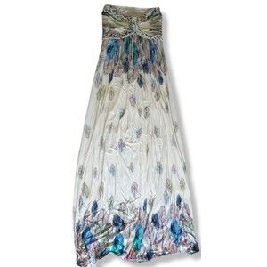 SKY Brand Size S YAHTOO Maxi Dress Off White Feather Print Braided Top Strapless
